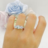 Three Stone Round Natural Green Moss Agate Vintage Style Ring 925 Sterling Silver