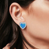 Halo Heart Stud Earrings Lab Created Opal Simulated CZ 925 Sterling Silver (15mm)