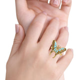 Solitaire Butterfly Ring Band Oxidized Simulated Turquoise CZ 925 Sterling Silver