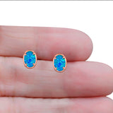 Art Deco Oval Stud Earring Created Opal Solid 925 Sterling Silver (8mm)