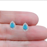 Halo Teardrop Bridal Pear Stud Earring Created Opal Solid 925 Sterling Silver (13mm)