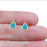 Halo Pear Stud Earring Simulated Cubic Zirconia Created Opal Solid 925 Sterling Silver (11mm)