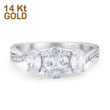 14K Gold Oval Three Stone Cubic Zirconia Engagement Ring