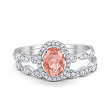 Halo Oval Bridal Wedding Set Ring Art Deco Oval Round Cubic Zirconia Solid 925 Sterling Silver Choose Color Size 4 to 12