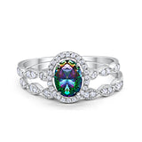 Halo Oval Bridal Wedding Set Ring Art Deco Oval Round Cubic Zirconia Solid 925 Sterling Silver Choose Color Size 4 to 12