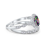 Halo Oval Bridal Wedding Set Ring Art Deco Oval Round Cubic Zirconia Solid 925 Sterling Silver Choose Color Size 4 to 12