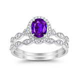 Halo Oval Bridal Wedding Set Ring Art Deco Oval Round Cubic Zirconia Solid 925 Sterling Silver Choose Color Size 4 to 12