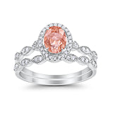 Halo Oval Bridal Wedding Set Ring Art Deco Oval Round Cubic Zirconia Solid 925 Sterling Silver Choose Color Size 4 to 12