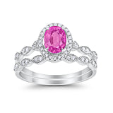 Halo Oval Bridal Wedding Set Ring Art Deco Oval Round Cubic Zirconia Solid 925 Sterling Silver Choose Color Size 4 to 12