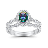 Halo Oval Bridal Wedding Set Ring Art Deco Oval Round Cubic Zirconia Solid 925 Sterling Silver Choose Color Size 4 to 12