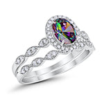 Halo Oval Bridal Wedding Set Ring Art Deco Oval Round Cubic Zirconia Solid 925 Sterling Silver Choose Color Size 4 to 12