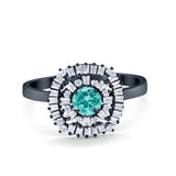 Halo Engagement Ring Round Baguette Simulated Cubic Zirconia 925 Sterling Silver
