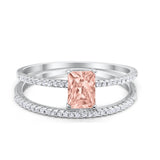 Art Deco Two Piece Wedding Ring Bridal Radiant Simulated CZ 925 Sterling Silver