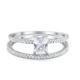 Art Deco Two Piece Wedding Ring Bridal Radiant Simulated CZ 925 Sterling Silver