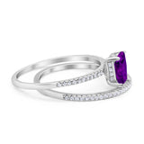 Art Deco Two Piece Wedding Ring Bridal Radiant Simulated CZ 925 Sterling Silver