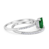 Art Deco Two Piece Wedding Ring Bridal Radiant Simulated CZ 925 Sterling Silver