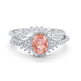 Art Deco Three Piece Bridal Set Oval Round Cubic Zirconia Wedding Band Engagement Ring 925 Sterling Silver Size 4 to 12