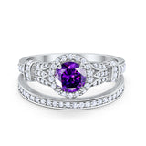 Two Piece Art Deco Wedding Ring Bridal Set Band Round Simulated Cubic Zirconia 925 Sterling Silver