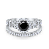 Two Piece Art Deco Wedding Ring Bridal Set Band Round Simulated Cubic Zirconia 925 Sterling Silver