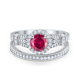 Two Piece Art Deco Wedding Ring Bridal Set Band Round Simulated Cubic Zirconia 925 Sterling Silver