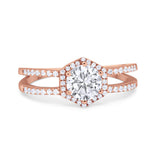 Halo Wedding Engagement Ring Split Shank 925 Sterling Silver 6 Prong Round Cubic Zirconia
