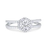Halo Wedding Engagement Ring Split Shank 925 Sterling Silver 6 Prong Round Cubic Zirconia