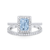 Halo Radiant Cut Wedding Engagement Ring Band Two Piece Bridal Set Cubic Zirconia 925 Sterling Silver