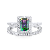 Halo Radiant Cut Wedding Engagement Ring Band Two Piece Bridal Set Cubic Zirconia 925 Sterling Silver