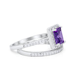 Halo Radiant Cut Wedding Engagement Ring Band Two Piece Bridal Set Cubic Zirconia 925 Sterling Silver