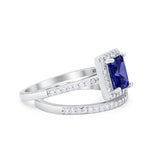 Halo Radiant Cut Wedding Engagement Ring Band Two Piece Bridal Set Cubic Zirconia 925 Sterling Silver