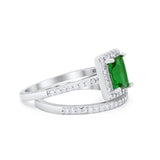 Halo Radiant Cut Wedding Engagement Ring Band Two Piece Bridal Set Cubic Zirconia 925 Sterling Silver