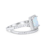 Halo Radiant Cut Wedding Engagement Ring Band Two Piece Bridal Set Cubic Zirconia 925 Sterling Silver