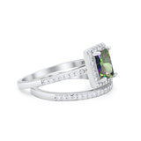 Halo Radiant Cut Wedding Engagement Ring Band Two Piece Bridal Set Cubic Zirconia 925 Sterling Silver