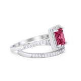 Halo Radiant Cut Wedding Engagement Ring Band Two Piece Bridal Set Cubic Zirconia 925 Sterling Silver