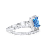 Halo Radiant Cut Wedding Engagement Ring Band Two Piece Bridal Set Cubic Zirconia 925 Sterling Silver