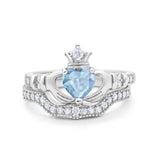 Two Piece Claddagh Bridal Set Ring Band Heart Round Cubic Zirconia 925 Sterling Silver