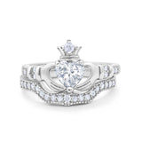 Two Piece Claddagh Bridal Set Ring Band Heart Round Cubic Zirconia 925 Sterling Silver