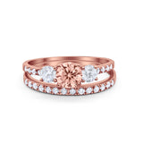 Three Stone Two Piece Wedding Engagement Bridal Set Ring Round Cubic Ziroconia 925 Sterling Silver