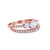 Three Stone Two Piece Wedding Engagement Bridal Set Ring Round Cubic Ziroconia 925 Sterling Silver