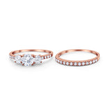 Three Stone Two Piece Wedding Engagement Bridal Set Ring Round Cubic Ziroconia 925 Sterling Silver