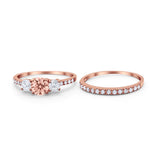 Three Stone Two Piece Wedding Engagement Bridal Set Ring Round Cubic Ziroconia 925 Sterling Silver