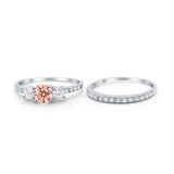 Three Stone Two Piece Wedding Engagement Bridal Set Ring Round Cubic Ziroconia 925 Sterling Silver