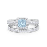 Halo Princess Cut Art Deco Wedding Bridal Set Ring Round Cubic Zirconia 925 Sterling Silver