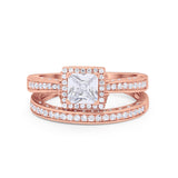 Halo Princess Cut Art Deco Wedding Bridal Set Ring Round Cubic Zirconia 925 Sterling Silver