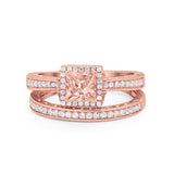 Halo Princess Cut Art Deco Wedding Bridal Set Ring Round Cubic Zirconia 925 Sterling Silver