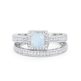 Halo Princess Cut Art Deco Wedding Bridal Set Ring Round Cubic Zirconia 925 Sterling Silver