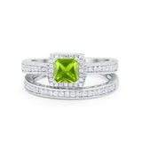 Halo Princess Cut Art Deco Wedding Bridal Set Ring Round Cubic Zirconia 925 Sterling Silver
