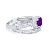 Halo Princess Cut Art Deco Wedding Bridal Set Ring Round Cubic Zirconia 925 Sterling Silver
