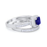 Halo Princess Cut Art Deco Wedding Bridal Set Ring Round Cubic Zirconia 925 Sterling Silver