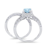 Halo Princess Cut Art Deco Wedding Bridal Set Ring Round Cubic Zirconia 925 Sterling Silver